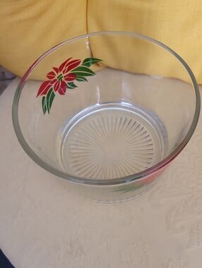 Clear Glass Serving Bowl with Red and Green Floral Accent